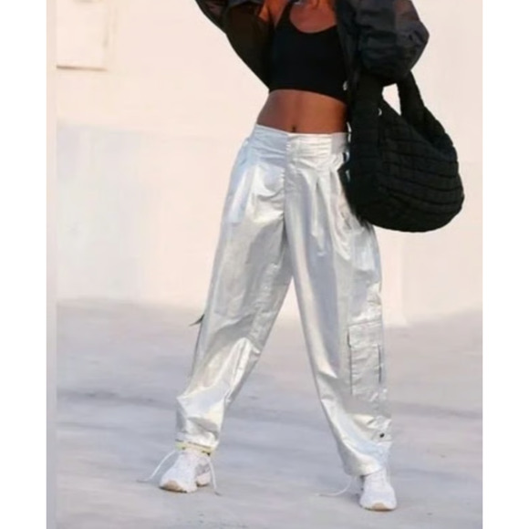Free People Pants - Free People Y2K Pockets Cargo Wide Mesmerize Me Preppy Pants Metallic M A004045